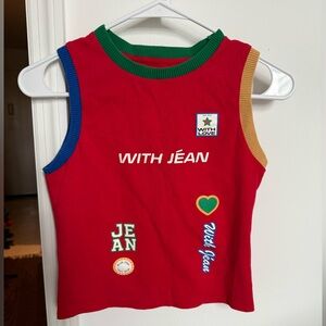 With Jean Red Tank Top with Multicolor Trim